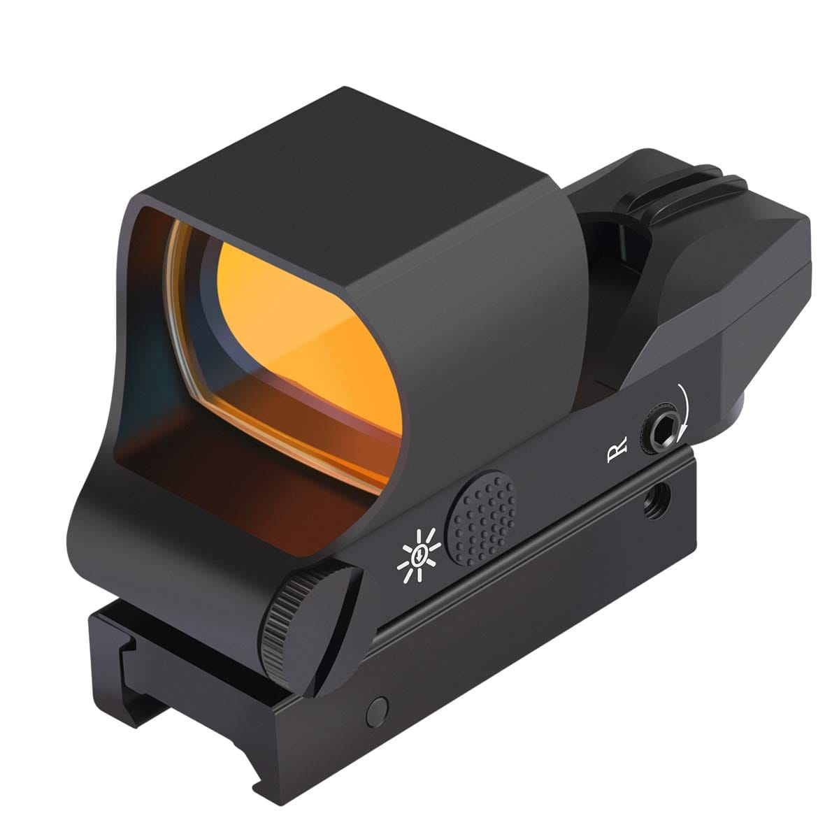 The Feyachi reflex sight features a red dot reticle on a white background.