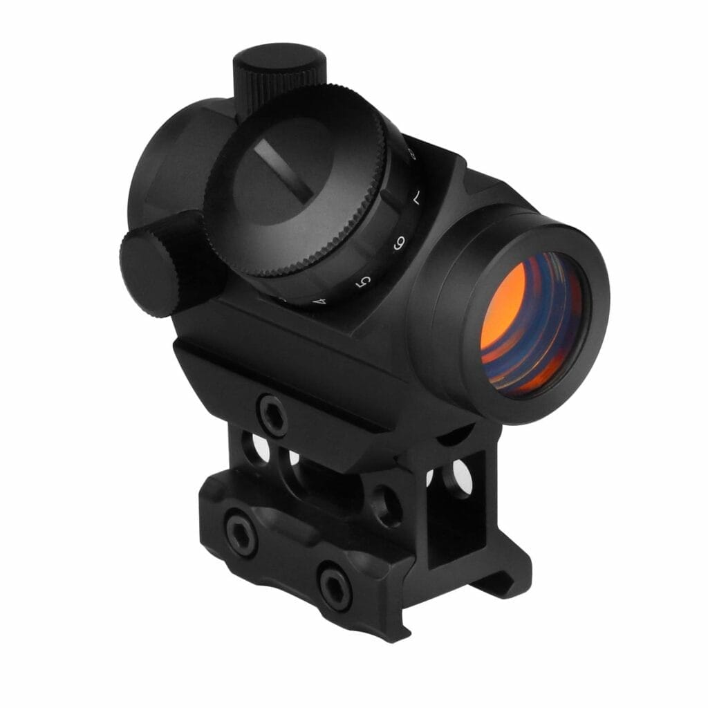 A Beileshi red dot sight under review, against a white background.